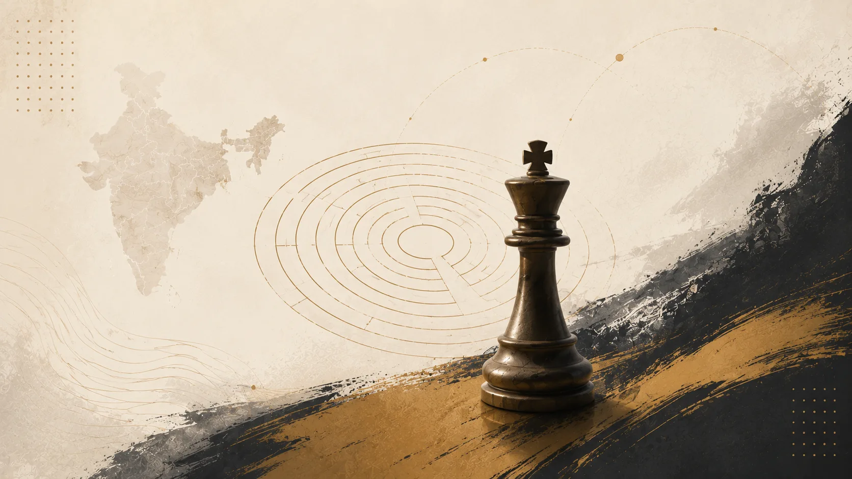 A chess king stands at the centre of a chakravyuh, set against the outline of India.